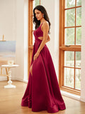 A-Line/Princess Satin Ruffles V-neck Sleeveless Floor-Length Dresses Prom Evening Dress
