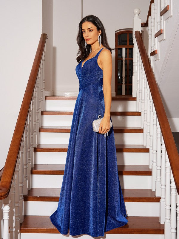 A-Linie/Princess-Linie Geraffte V-Ausschnitt Ärmellose Bodenlange Kleider Ball-/Abendkleid