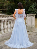A-Line/Princess Tulle Applique Straps Sleeveless Sweep/Brush Train Dresses Prom Evening Dress