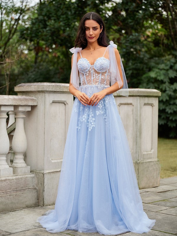 A-Line/Princess Tulle Applique Straps Sleeveless Sweep/Brush Train Dresses Prom Evening Dress