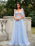 A-Line/Princess Tulle Applique Straps Sleeveless Sweep/Brush Train Dresses Prom Evening Dress