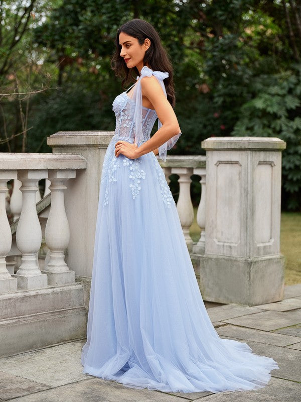 A-Line/Princess Tulle Applique Straps Sleeveless Sweep/Brush Train Dresses Prom Evening Dress