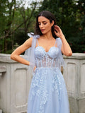 A-Line/Princess Tulle Applique Straps Sleeveless Sweep/Brush Train Dresses Prom Evening Dress