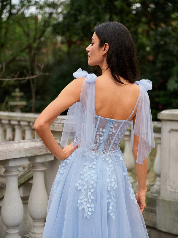 A-Line/Princess Tulle Applique Straps Sleeveless Sweep/Brush Train Dresses Prom Evening Dress