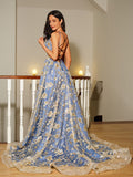 A-Line/Princess Satin Lace V-neck Sleeveless Court Train Evening Dresses Prom Dress