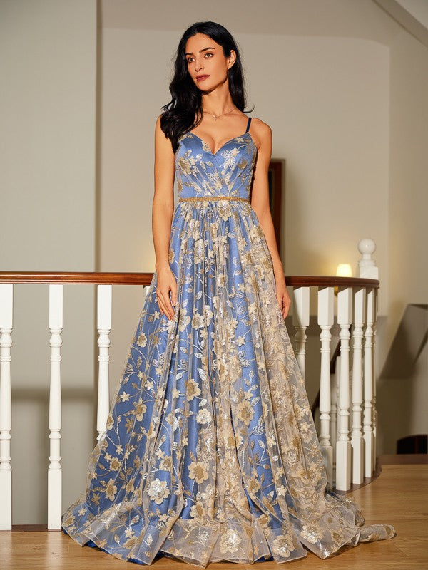 A-Line/Princess Satin Lace V-neck Sleeveless Court Train Evening Dresses Prom Dress