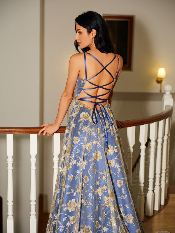 A-Line/Princess Satin Lace V-neck Sleeveless Court Train Evening Dresses Prom Dress