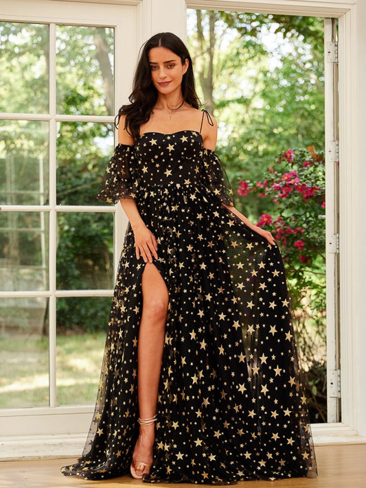 A-Line/Princess Lace Spaghetti Straps Short Sleeves Court Train Dresses Prom Evening Dresss