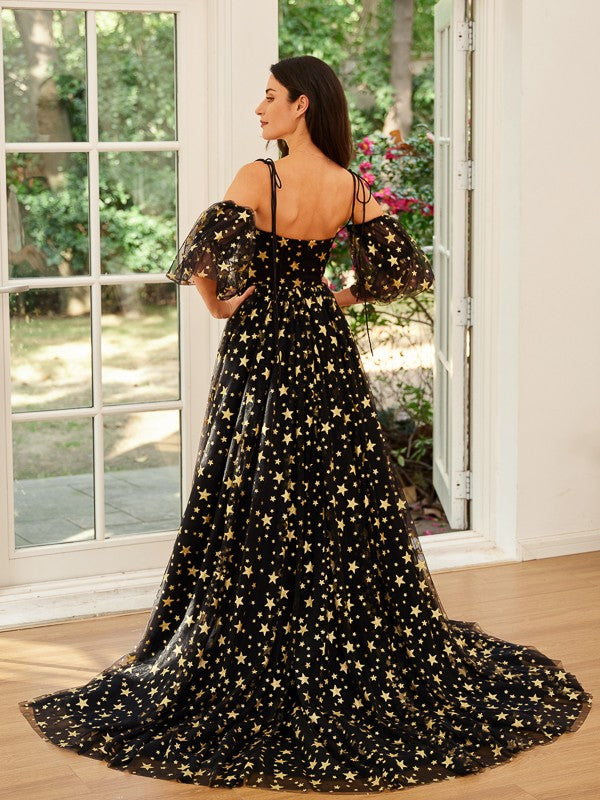 A-Line/Princess Lace Spaghetti Straps Short Sleeves Court Train Dresses Prom Evening Dresss