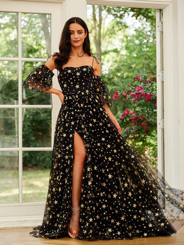 A-Line/Princess Lace Spaghetti Straps Short Sleeves Court Train Dresses Prom Evening Dresss