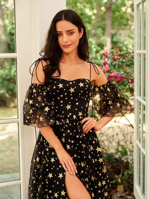 A-Line/Princess Lace Spaghetti Straps Short Sleeves Court Train Dresses Prom Evening Dresss