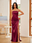 Sheath/Column Silk like Satin Ruched Spaghetti Straps Sleeveless Sweep/Brush Train Evening Dresses Prom Dress