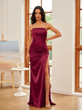 Sheath/Column Silk like Satin Ruched Spaghetti Straps Sleeveless Sweep/Brush Train Evening Dresses Prom Dress