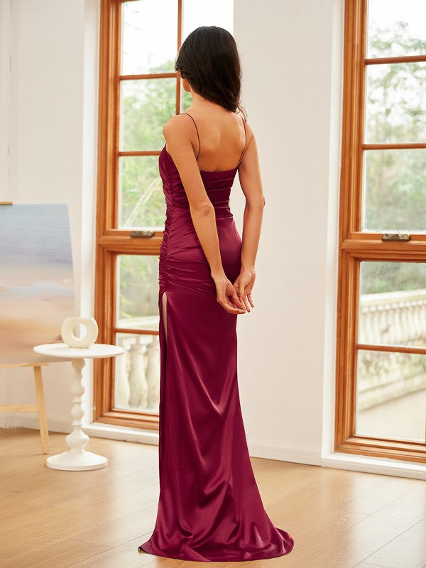 Sheath/Column Silk like Satin Ruched Spaghetti Straps Sleeveless Sweep/Brush Train Evening Dresses Prom Dress