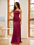 Sheath/Column Silk like Satin Ruched Spaghetti Straps Sleeveless Sweep/Brush Train Evening Dresses Prom Dress