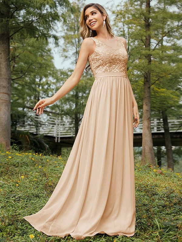 A-Line/Princess Chiffon Lace V-neck Sleeveless Floor-Length Bridesmaid Dresses Evening Prom Dress