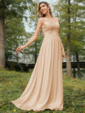A-Line/Princess Chiffon Lace V-neck Sleeveless Floor-Length Bridesmaid Dresses Evening Prom Dress