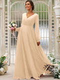 A-Line/Princess Chiffon Ruched V-neck Long Sleeves Floor-Length Bridesmaid Dresses Mother of the Bride Dress