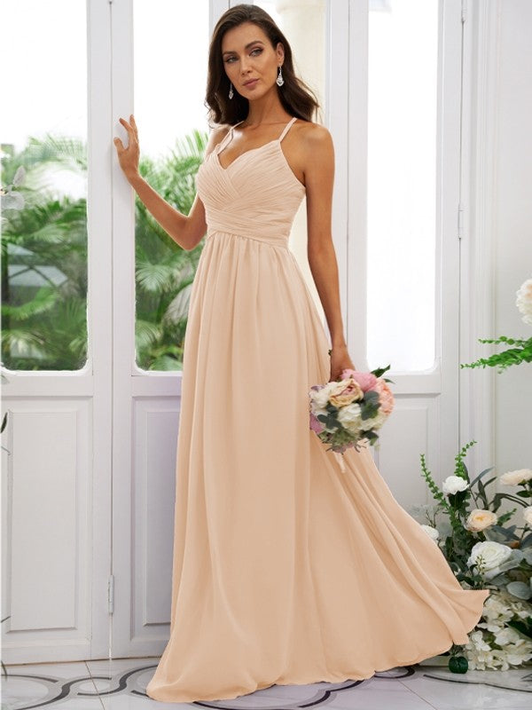 A-Line/Princess Chiffon Ruched V-neck Sleeveless Floor-Length Bridesmaid Dresses Evening Dress