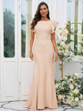 Sheath/Column Stretch Crepe Ruffles Scoop Short Sleeves Sweep/Brush Train Bridesmaid Dresses Evening Dress