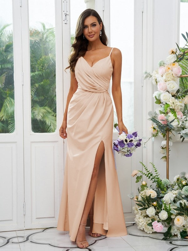 A-Line/Princess Stretch Crepe Ruched V-neck Sleeveless Floor-Length Bridesmaid Dresses Evening Dress