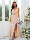 A-Line/Princess Stretch Crepe Ruched V-neck Sleeveless Floor-Length Bridesmaid Dresses Evening Dress