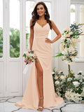 Sheath/Column Stretch Crepe Ruched V-neck Sleeveless Sweep/Brush Train Bridesmaid Dresses Evening Dress