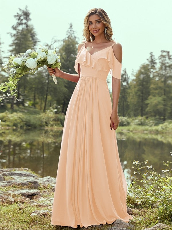 A-Line/Princess Chiffon Ruffles V-neck Sleeveless Floor-Length Bridesmaid Dresses Evening Prom Dress