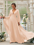 Vestido de dama de honor de corte A/princesa, de gasa, con volantes, escote en V, mangas largas y cola larga, vestido para madre de la novia