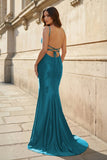 Red Spaghetti Straps Mermaid Satin Beaded Long Prom Dresses With Appliques