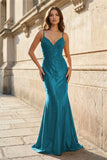 Red Spaghetti Straps Mermaid Satin Beaded Long Prom Dresses With Appliques