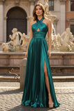 Peacock Blue Halter Neck A-Line Long Prom Dress With Split
