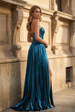 Green Metallic Sweetheart Pleated A-Line Long Prom Dresses