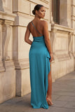 Pink One Shoulder Sheath Satin Long Prom Dresses With Slit