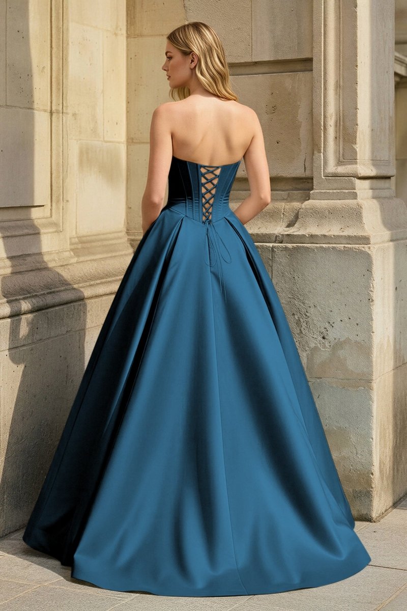 Pink Strapless A Line Pleated Satin Long Prom Dresses With Flower