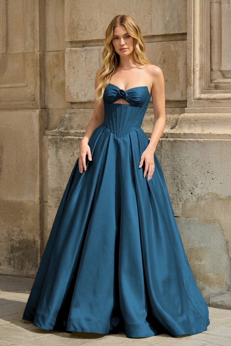 Pink Strapless A Line Pleated Satin Long Prom Dresses With Flower