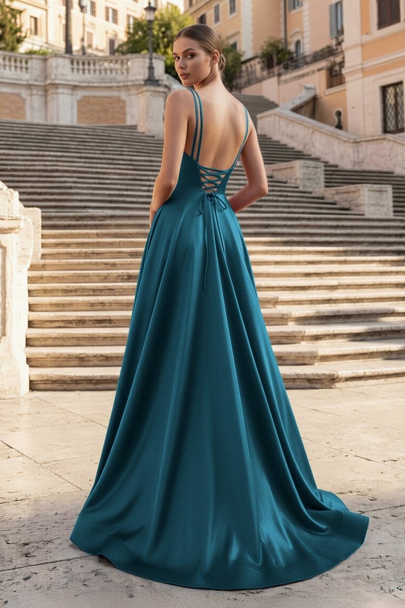 Burgundy Spaghetti Straps A Line Satin Long Prom Dresses With Slit