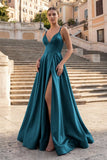 Burgundy Spaghetti Straps A Line Satin Long Prom Dresses With Slit