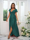 A-Line/Princess Silk like Satin Ruched V-neck Short Sleeves Floor-Length Bridesmaid Dresses Evening Dress
