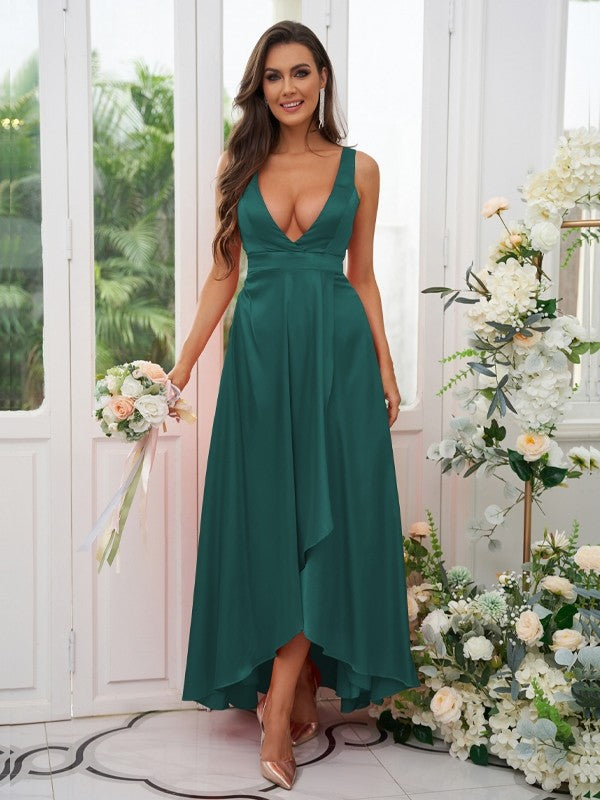 A-Line/Princess Silk like Satin Ruffles V-neck Sleeveless Ankle-Length Bridesmaid Dresses Prom Dress