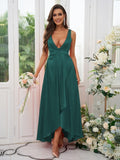 A-Line/Princess Silk like Satin Ruffles V-neck Sleeveless Ankle-Length Bridesmaid Dresses Prom Dress