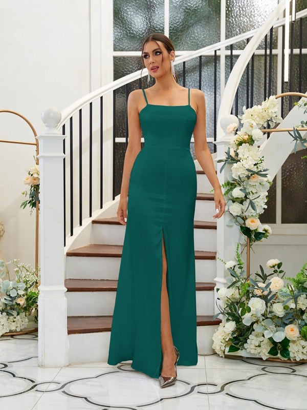 A-Line/Princess Silk like Satin Ruffles Spaghetti Straps Sleeveless Floor-Length Bridesmaid Dresses Evening Dress