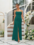 A-Line/Princess Silk like Satin Ruffles Spaghetti Straps Sleeveless Floor-Length Bridesmaid Dresses Evening Dress