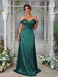 A-Line/Princess Silk like Satin Ruched Sweetheart Sleeveless Sweep/Brush Train Bridesmaid Dresses Evening Dress
