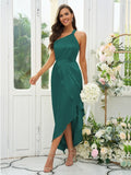 A-Line/Princess Silk like Satin Ruched One-Shoulder Sleeveless Tea-Length Bridesmaid Dresses Evening Prom Dress