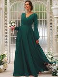 A-Line/Princess Chiffon Ruched V-neck Long Sleeves Floor-Length Bridesmaid Dresses Mother of the Bride Dress