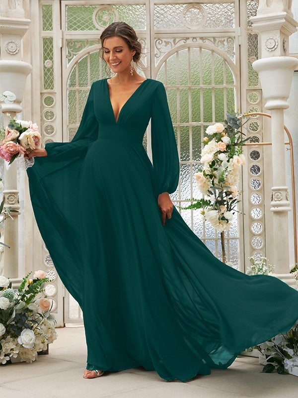 Vestido de dama de honor de corte A/princesa, de gasa, con volantes, escote en V, mangas largas y cola larga, vestido para madre de la novia