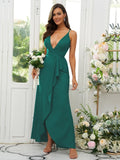 A-Line/Princess Silk like Satin Ruffles V-neck Sleeveless Floor-Length Bridesmaid Dresses Prom Dress