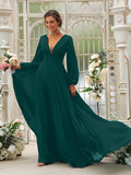 Vestido de dama de honor de corte A/princesa, de gasa, con volantes, escote en V, mangas largas y cola larga, vestido para madre de la novia