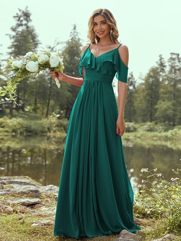 A-Line/Princess Chiffon Ruffles V-neck Sleeveless Floor-Length Bridesmaid Dresses Evening Prom Dress
